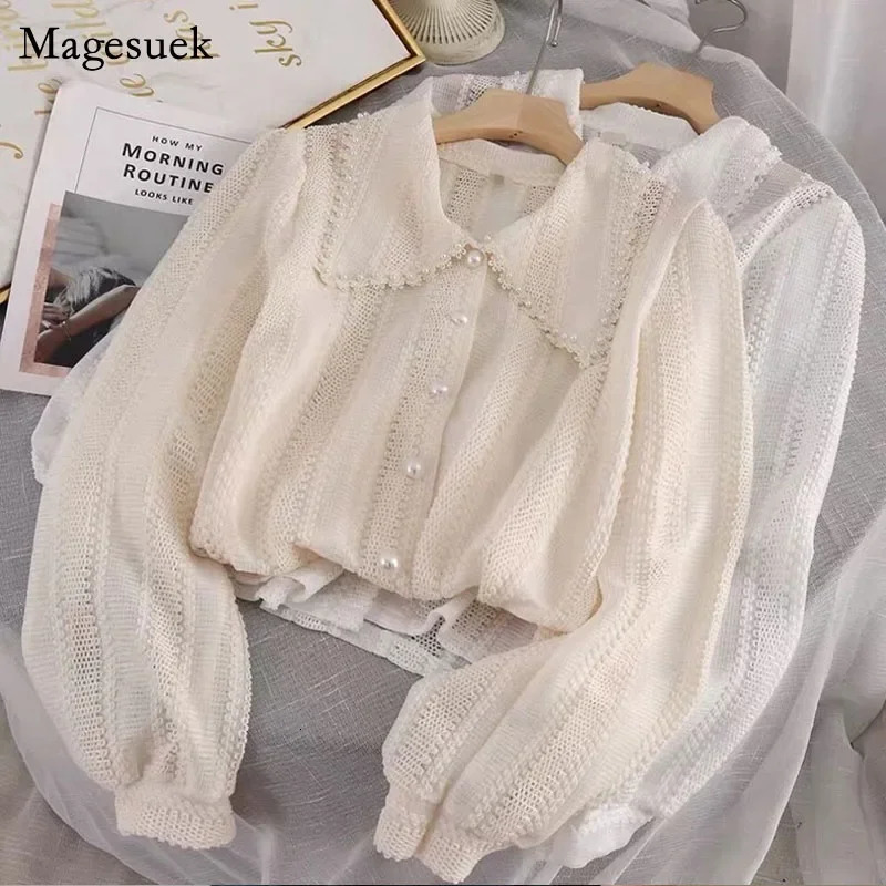 Spring Elegant Lace Women Shirt Hollow Out Peter Pan Collar Tops Fashion Office Ladies Long Sleeves Solid Blouses 250320