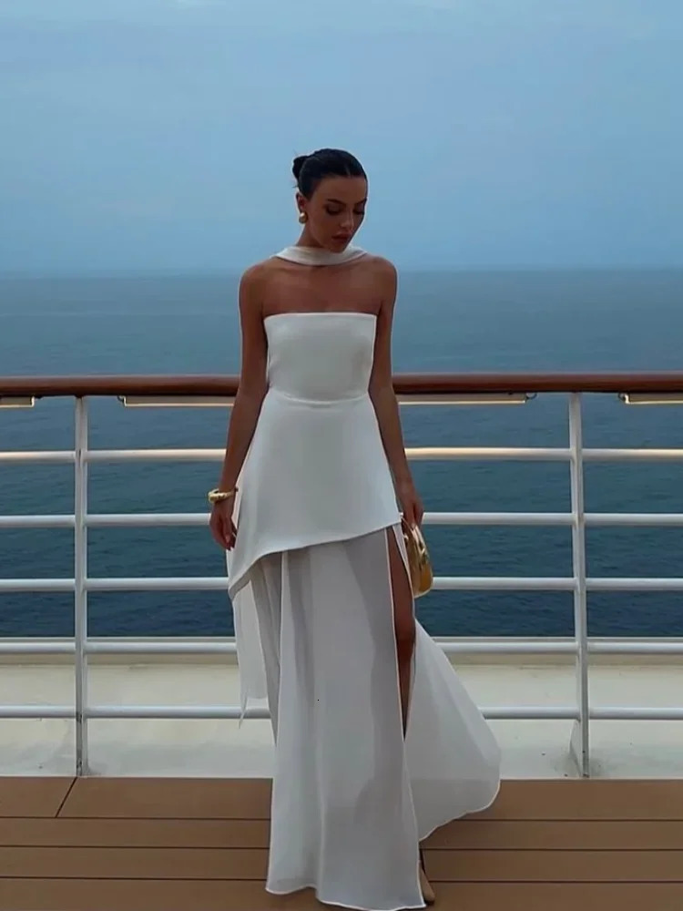 Elegant Simple Strapless Wedding Dresses Women Side Split Mesh Patchwork Prom Dresses Solid Scarf Party Chic Brides Gown 250320