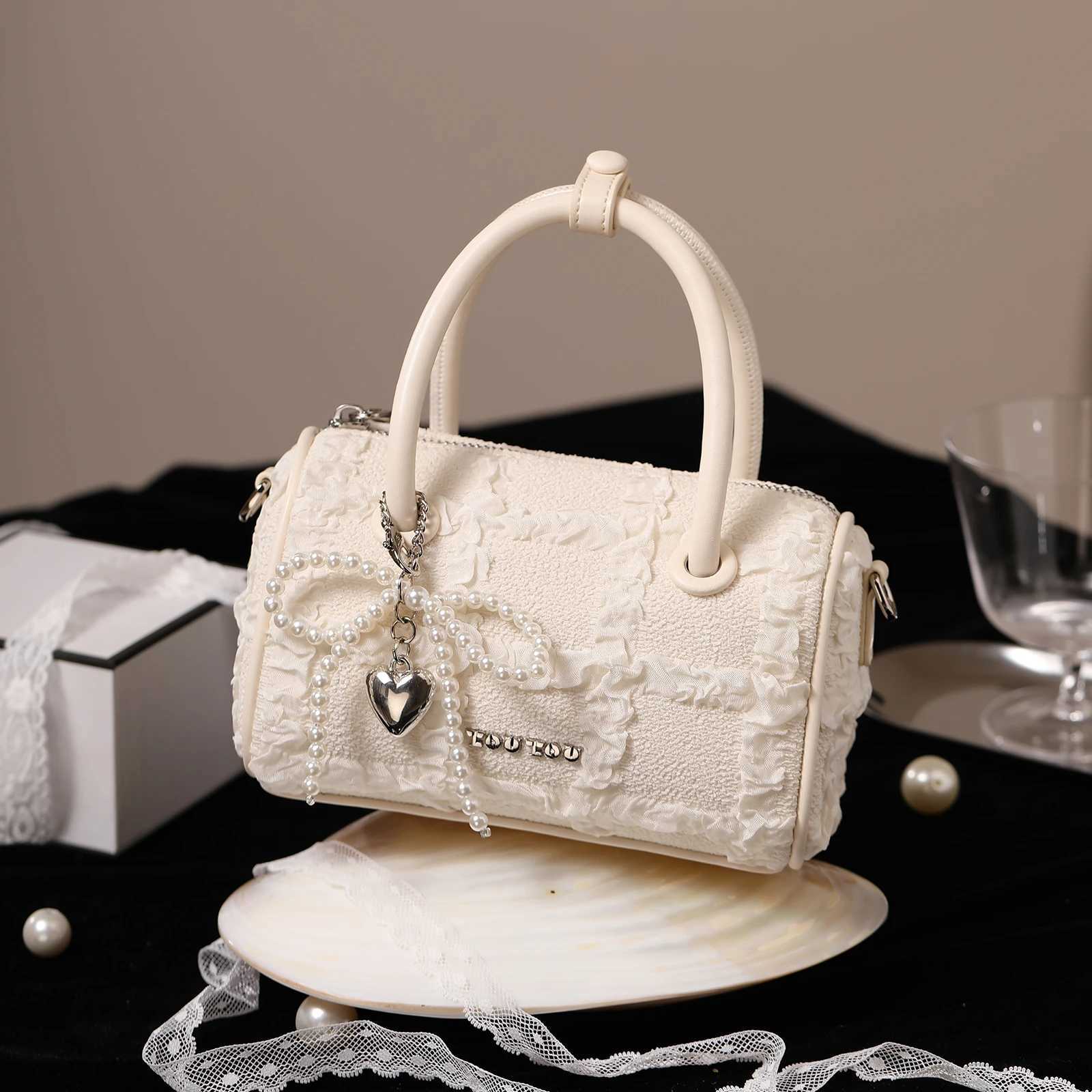 Versatile High End Boston Bag Trendy Quilted Jacquard Bowling Bag with Bowling Knot and Heart Charm Cute Handbag and Crossbody Bag Y250319