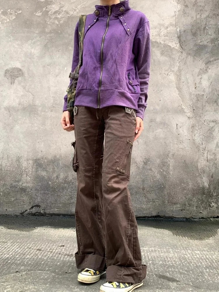 Hosen Y2K Fashion Brown Slim Stacked Flare Cargo Jeans Pants For Women Clothes Gothic Lady Trousers Ropa De Mujer 250320
