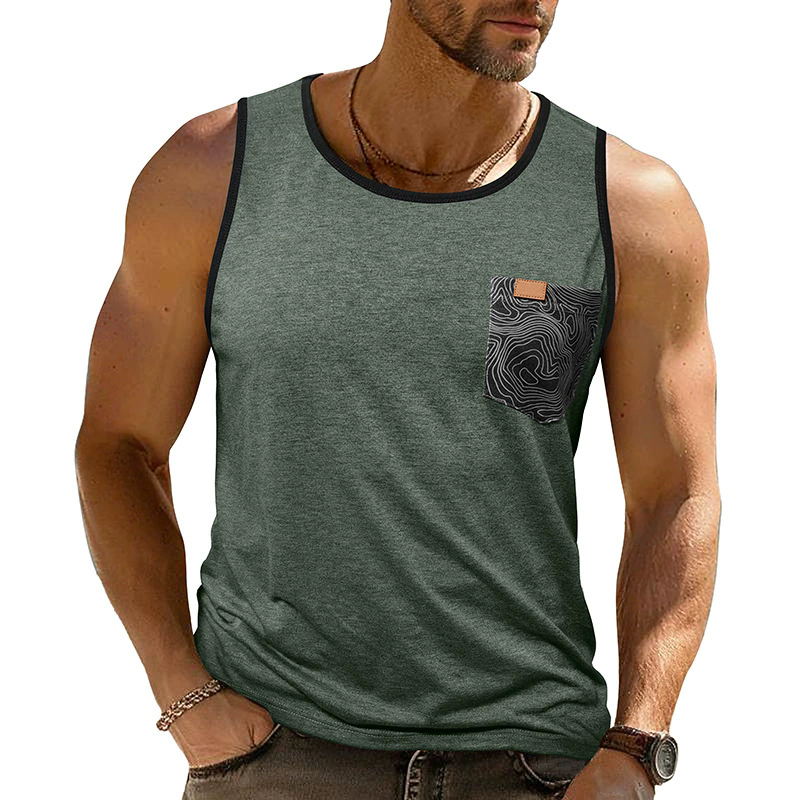 6 Color Summer T-Shirts Men's Sleeveless Printed Vest Loose Pocket Fitness Sports Top Polyester Dark Grey Green Tees XXL