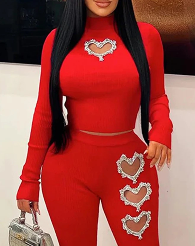 Two piece womens spring fashion hollow heart-shaped Rhinestone plain collar long sleeved top and casual high waisted leggings set 250320