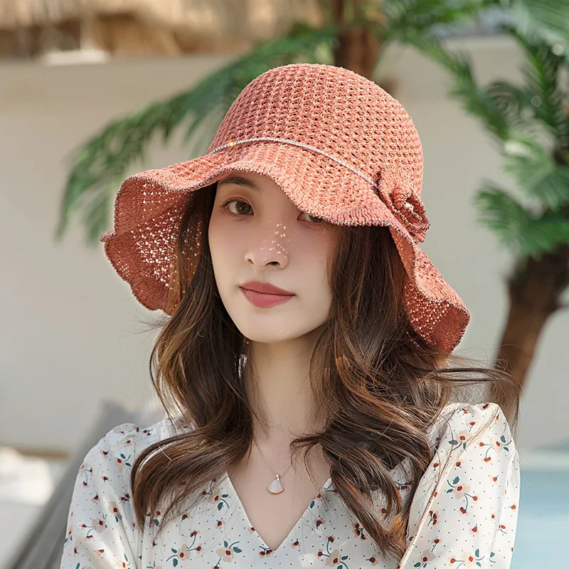 Black Hat Spring Summer Hat Korean Foldable Beach Straw Flower Leisure Sun Protuction Fisherman Bucket Hat for Women Panama Caps 250320