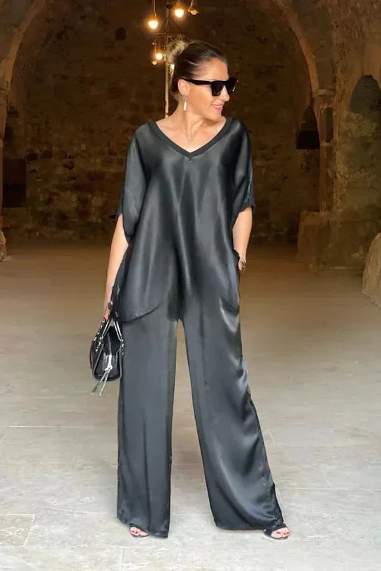2025 Spring Satin Oversize Women Suit Black V-neck Tops Long Pants Loose Suits Female Spring Casual Trendy Ladies Clothes 250320