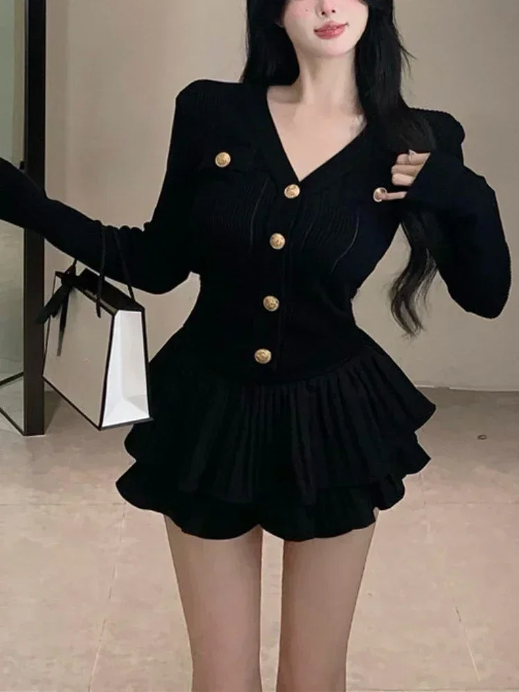 Autumn Korea Fashion Knitted Suit Black Slim 2 Piece Skirt Set Casual Elegant Sweater Women Outwear Casual Y2k Mini Skirt 250320