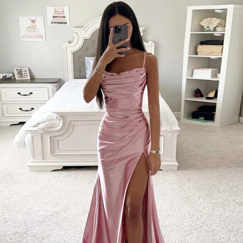 Womens Spring Bra Shrink Fold Split Satin Dress Sexy Slimming Wrap Hip 250320
