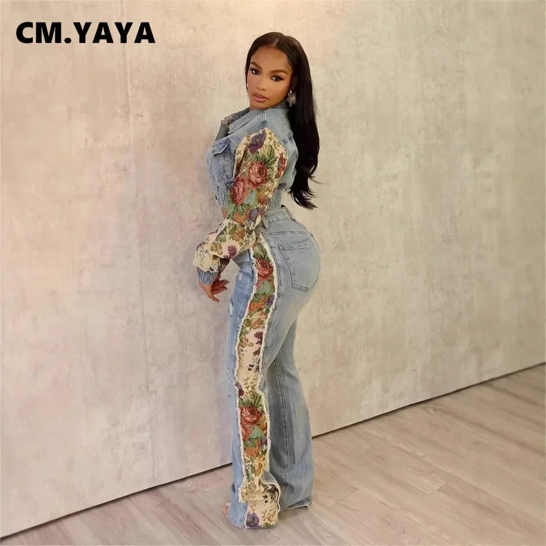 CM.YAYA Denim Womens Set Floral Patchwork Full Sleeve Button Fly Jacket and Ripped Jeans Pants Suit Two 2 Piece Set Outfit 250320