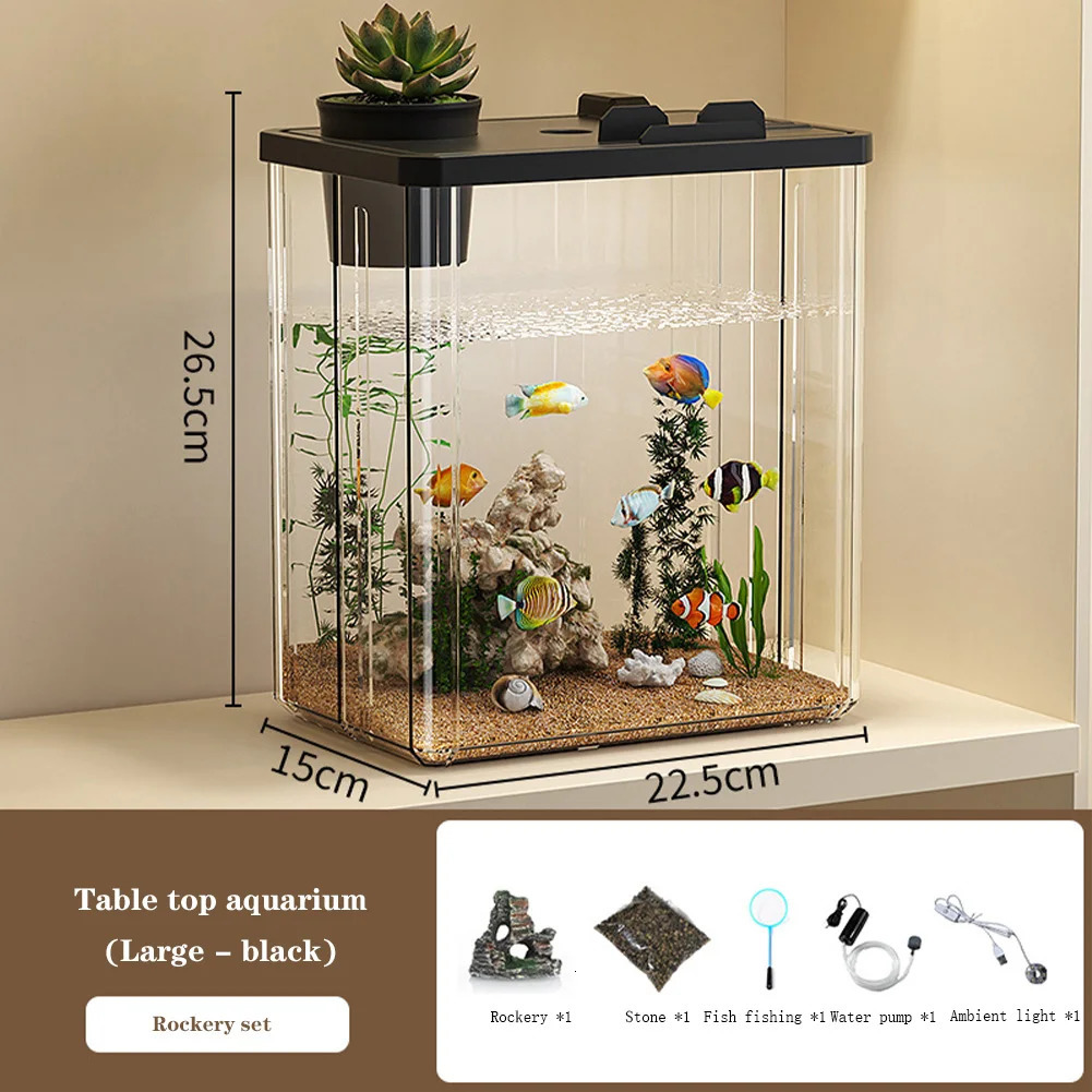 Aquarium Starter Kit Mini Desktop Rectangular Fish Tank with Pump LED Light Simulating 250318