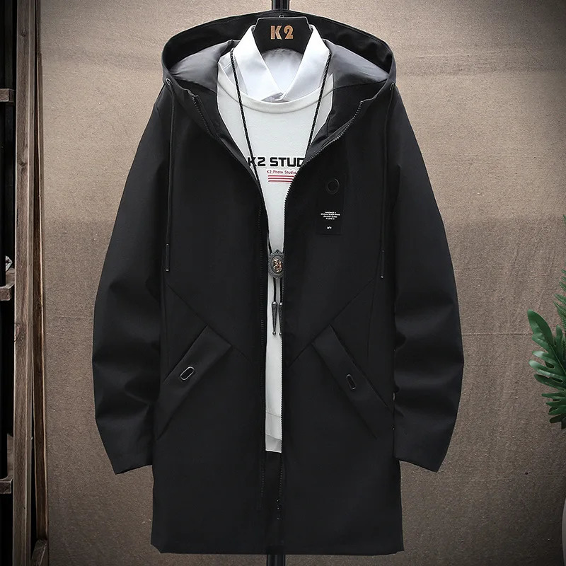 FGKKS Outdoor Casual Jacket For Men Solid Color Long Windproof Hooded Coat High Quality Casual Jacket For Men 250320