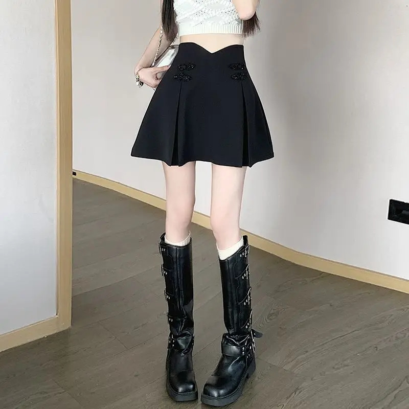 Women Summer Chinese Style Buttons Solid Color High Waist Appear Thin Skirt Ladies Simplicity Office Lady All-match Short Skirt 250320