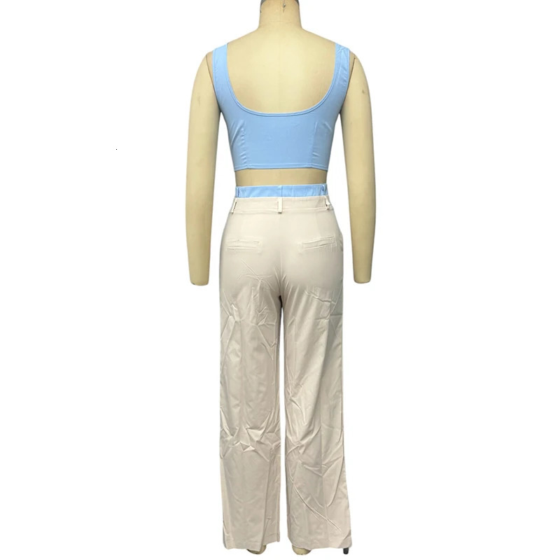 Wefads Womens Summer Set 2 Piece Matching Clothes Solid Sleeveless Square Neck Zipper Backless Tank Top Patchwork Pants Sets 250320
