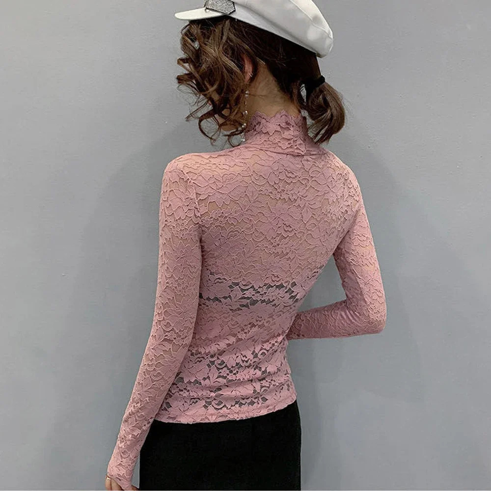 Women Stretch Turtleneck Petal Sleeve Shirt Blue Green White Black Flowers Lace T Ladies S2XL Tops Fashion 250311