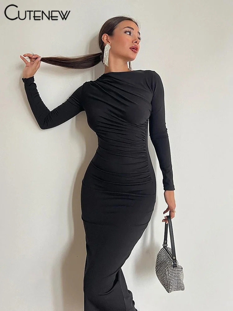 NIBBER Womens Elegant Solid Oneck Patched Work Clothes Maxi Dress Long Sleeve Body Style Robe Evening 250320