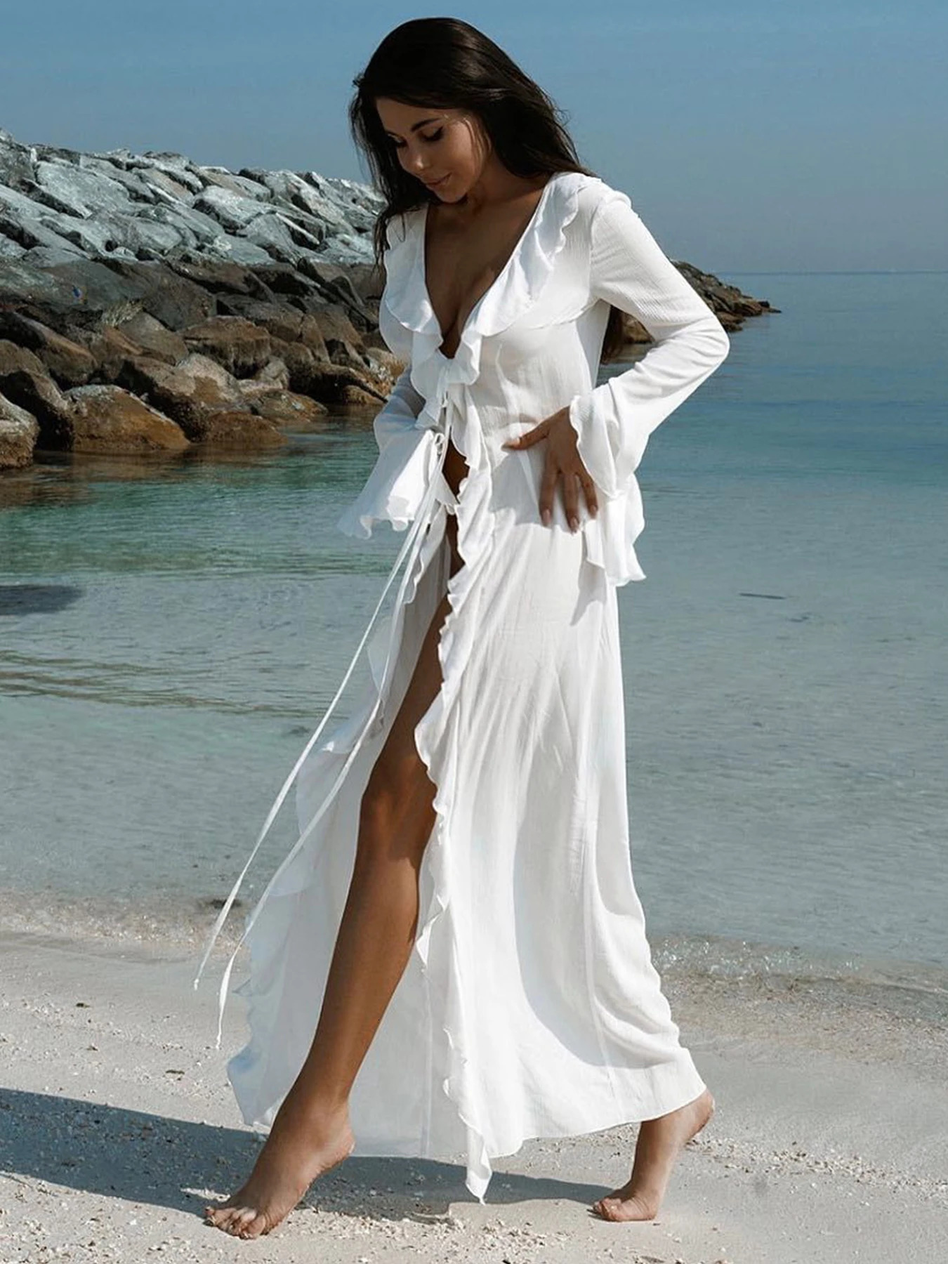 Sexy Lace Long Sleeve Cardigan Beach Cover Up Women Bikini Cover Up Skirt Long Tunics Beach Dress Lady Summer Beachwear 250320