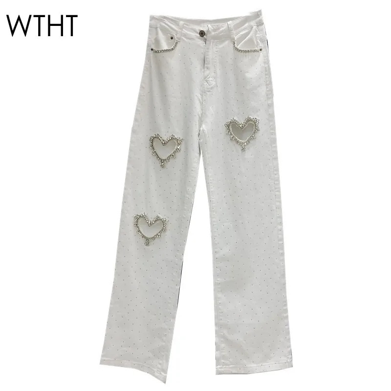WTHT Fashion Womens Diamonds Heart Hollow Out Straight Jeans Winter High Waist Solid Color Denim Pants Female 1LS610 250320