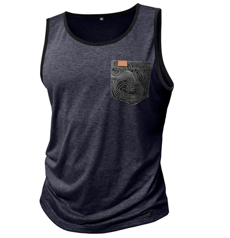 6 Color Summer Sleeveless Shirt Tank Tops T-Shirts Men's Printed Vest Loose Pocket Fitness Sports Top Polyester Dark Grey Green Jogging Tees XXL