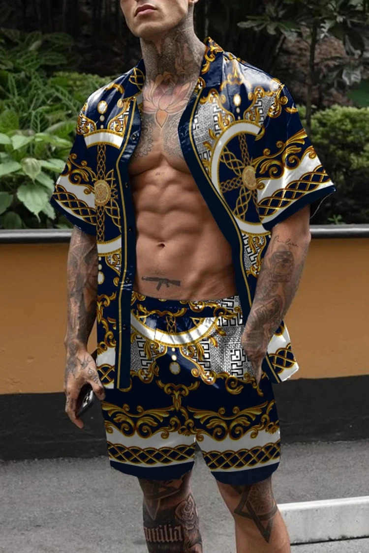 Mens fashion set Hawaii casual party 3D printed shirtshorts 2-piece casual oversized beach shirt set street clothing 250314