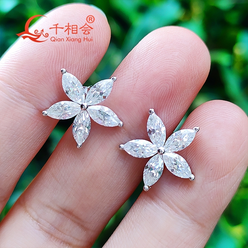 S925 silver 3*6mm marquise shape 5 flowers D VVS moissanite stone ear stud Earring for jewelry gift dating women wedding