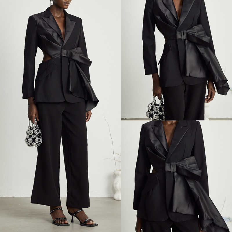 Customized Black Women Pants Suits With Big Bow Ladies Prom Birthday Party Formal Wear Outfit Flared Trousers 2 Pieces