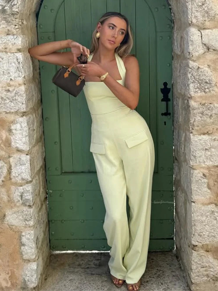 Elegant Halter Top Pants Set Women Solid Square Collar Sleeveless Slim Tops Wide Leg High Waist Pant 2025 Chic 2 Piece Sets Lady 250320