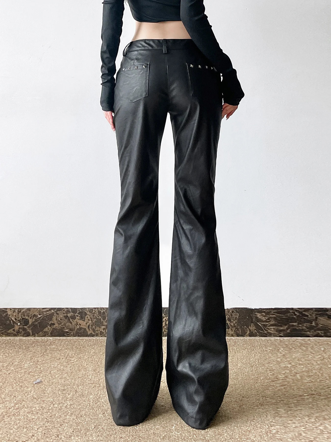 IAMSURE Punk Style Rivet Pu Leather Flare Pants Gothic Ultra Thin Solid Low Waist SpringSummer 2025 Womens Wear 250320