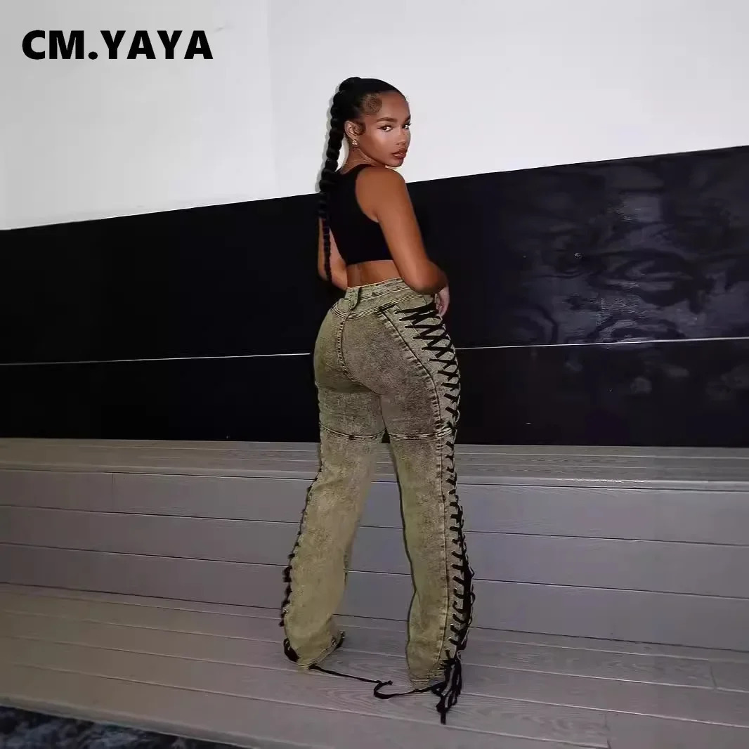 CM. YAYA Womens Street Clothing Cutting Side Lace Products Pencil Denim Wide Leg Jeans Autumn Casual Fashion Holiday Trouser 250320