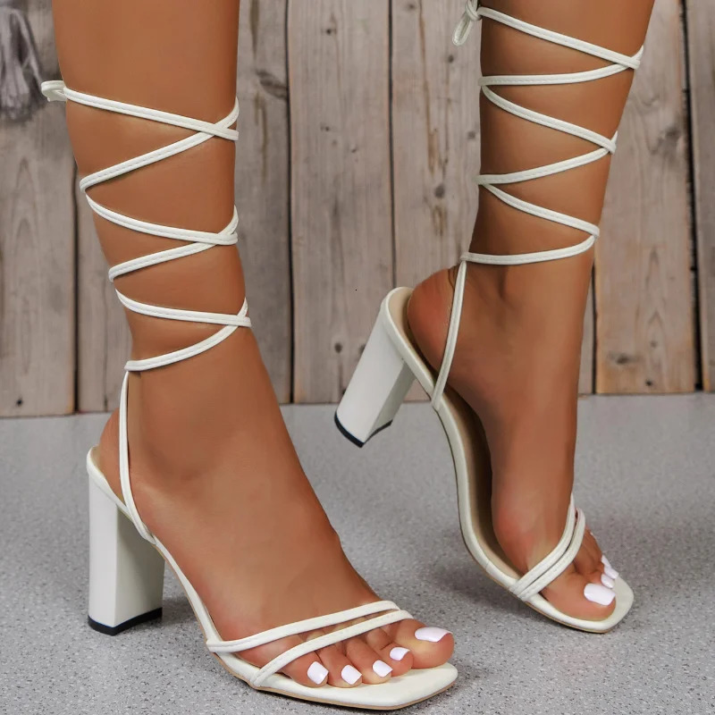 Summer Womens White Elegant Cross Belt Solid Color Square Toe High Heels Open Fashion Sexy Table Tennis Roman Sandals 250321BJ