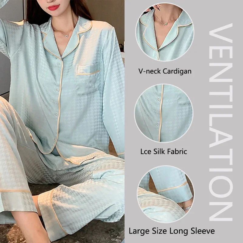 High Quality Women Ice Silk Pajamas Set Two-Piece Suit Girl Sleepwear Button down Tops and Trousers ious Simple Homewear 250320