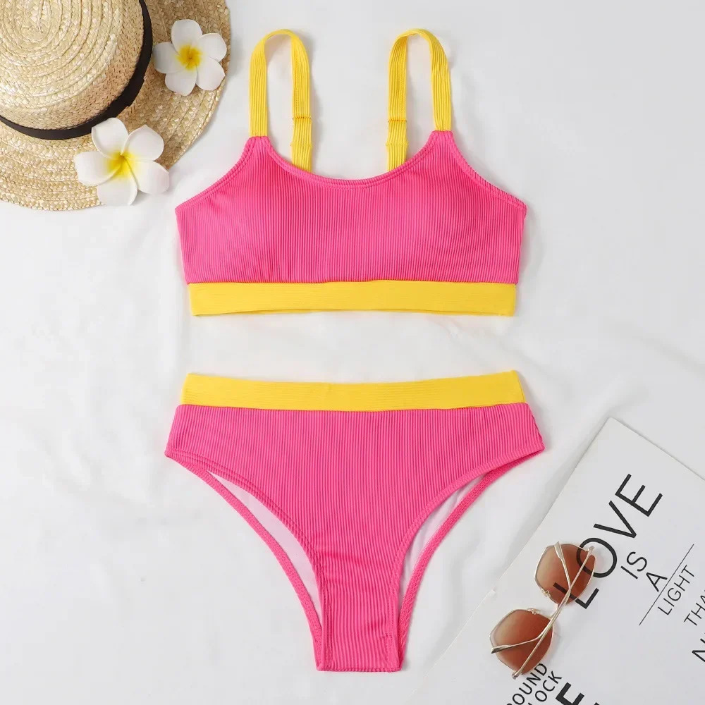 Customized womens clothing special fabric threaded groove strips bikini color matching split swimsuit explosion 250320
