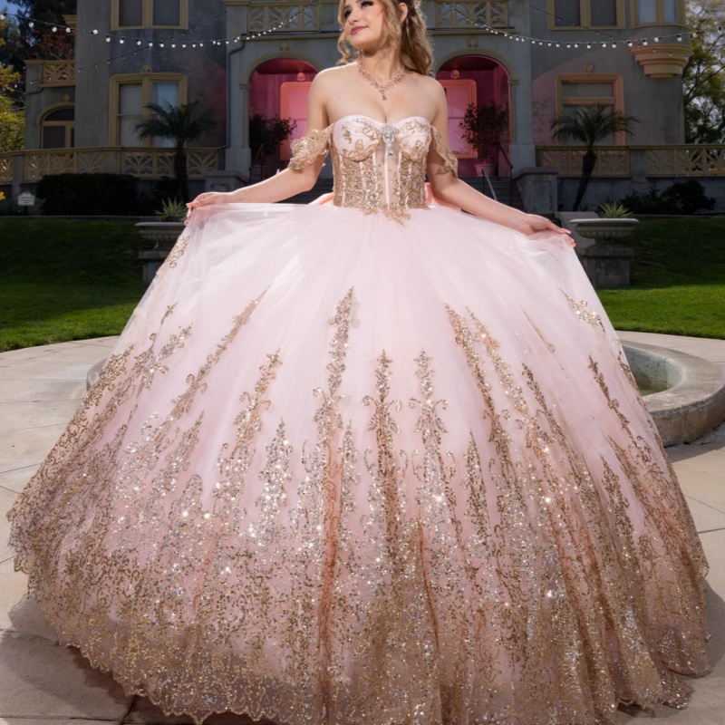Light Pink Shiny Sweetheart Quinceanera Dresses Off The Shoulder Sequin Applique Lace Beads Tulle Vestidos De 15 Anos Sweet 16 Dress