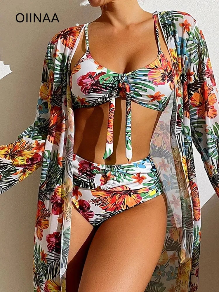 OIINAA Plant Printed Swimwear Women Bikini Set Lace Up ThreePiece Beach Cover Female Swimsuit Bathing Beachwear Fashion 250320Z