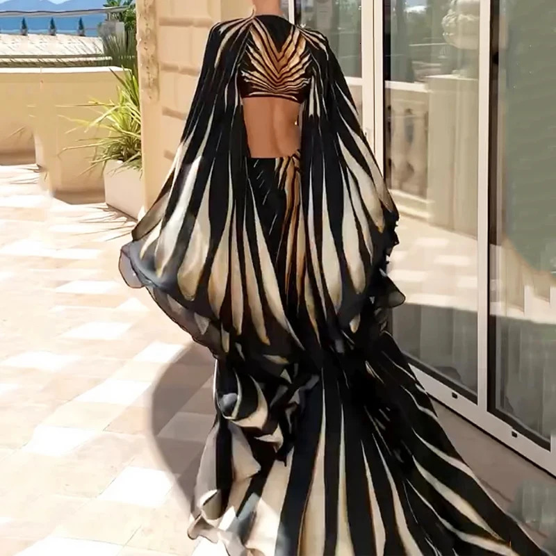 Wefads Maxi Dress Womens Clothing Printed Long Batwing Sleeve V Neck Backless Hollow Out Slit Vacation Dresses 250320 Z250623