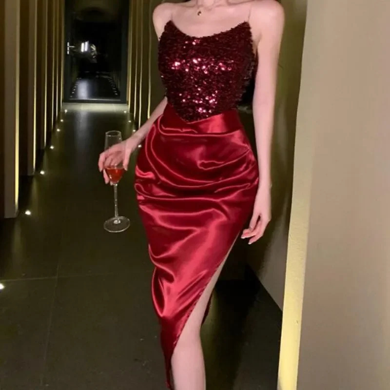 Fashion sequin asymmetrical strapless dress sleeveless Korean fashion vest womens retro summer hip wrap w250320