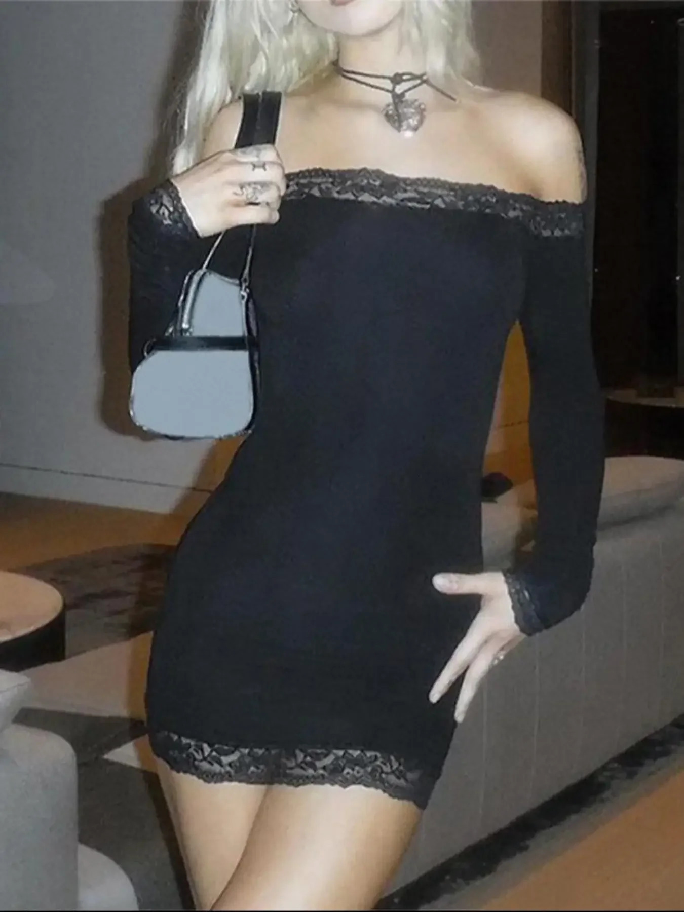 Rockmore Womens Lace Shoulder Tight Dress Elegant Long Sleeve Mini Suitable for Party Club Dating SpringSummer Clothing 250320