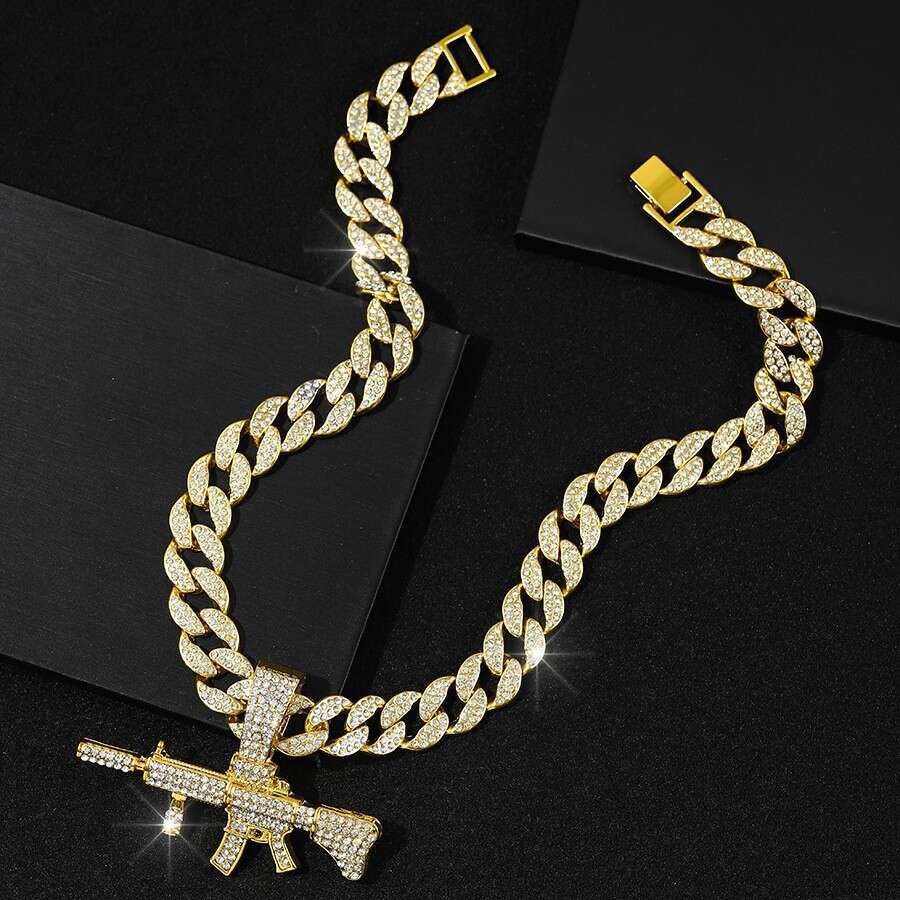 Alloy studded gun sexy nightclub accessory necklace, personalized full dia Cuban chain pendant, hip-hop