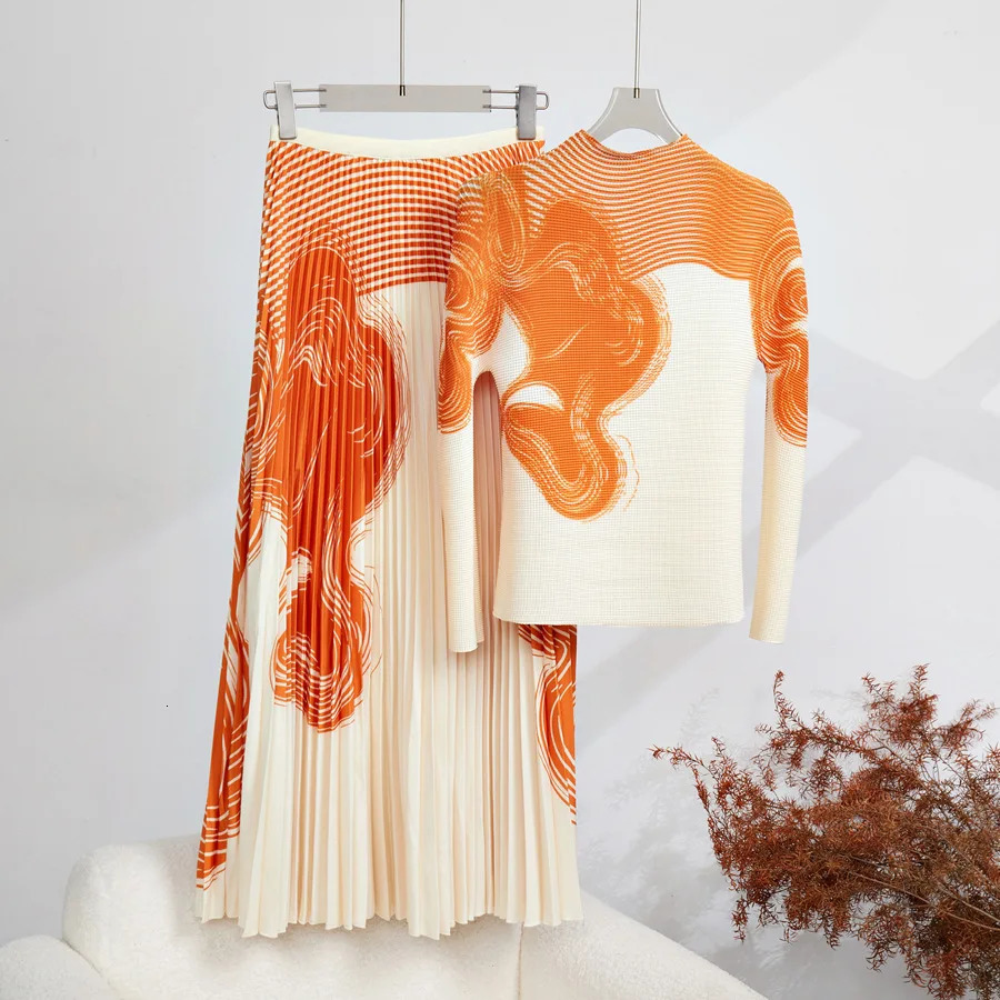 Miyake Runway Two Piece Set Women Flower Print High Stretchy Pullover T-Shirts Pleated Long Skirts Suit Female Outfits 250320