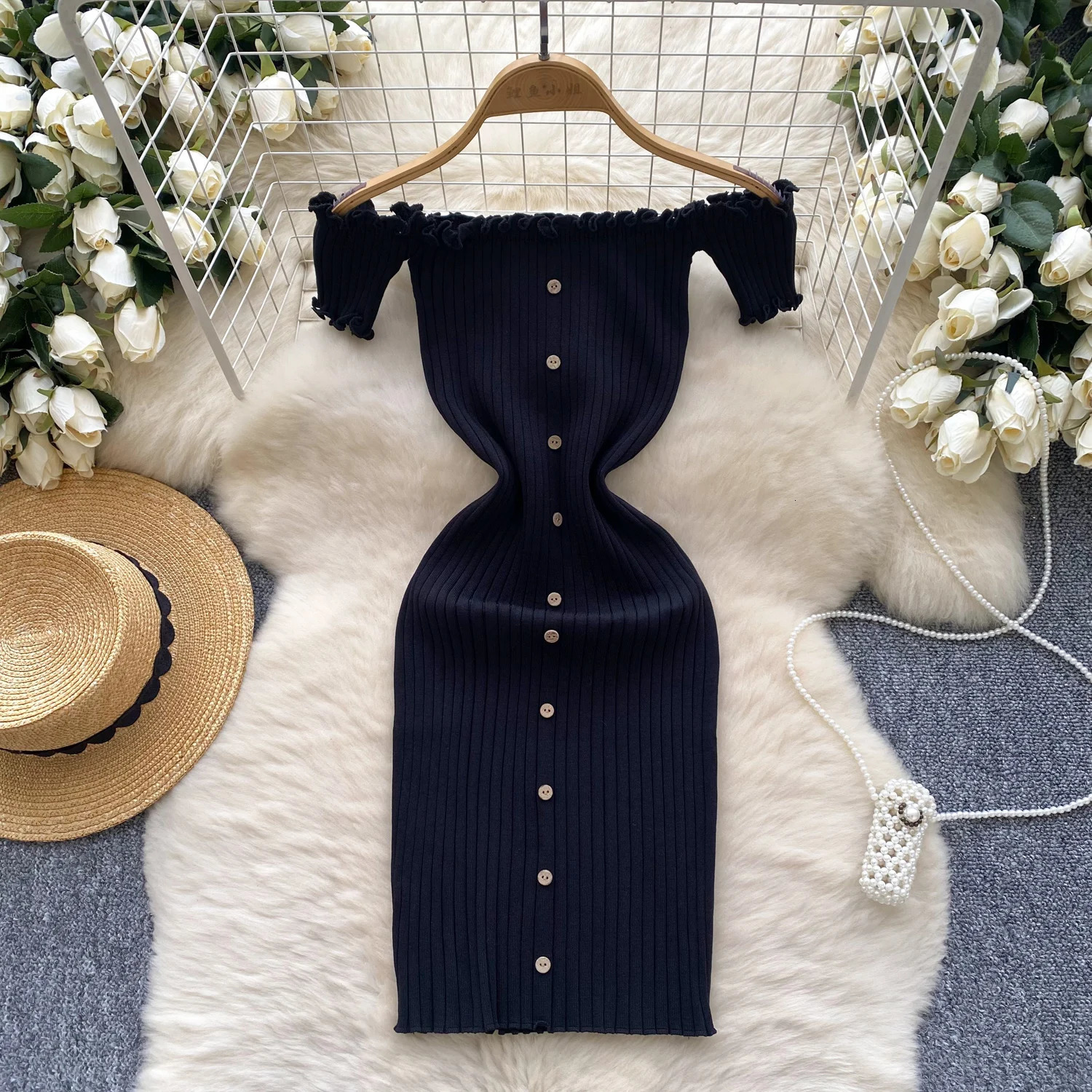 Pink Solid Button Front spaghetti Dress Sexy Knitted Slant Neck Mini Body Womens Clothing Ruffles 250320