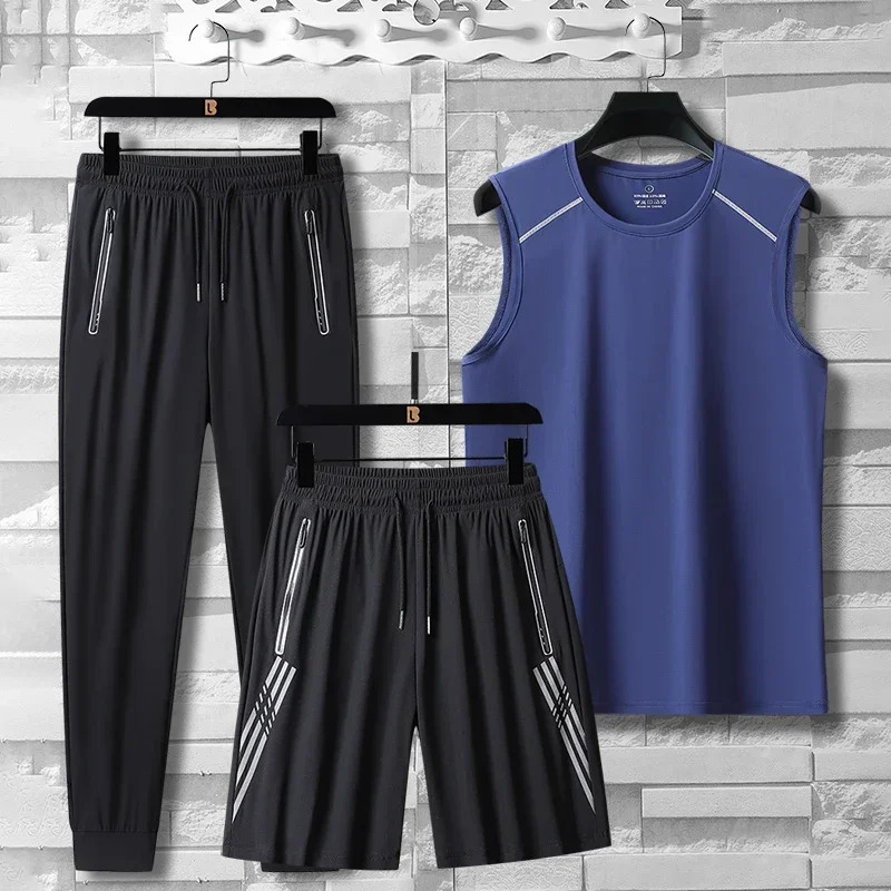 Lightweight Sportswear Three Piece Set Summer High-quality Ice Silk Breathable Quick Drying Camisole Vest Shorts Pants Set 250320