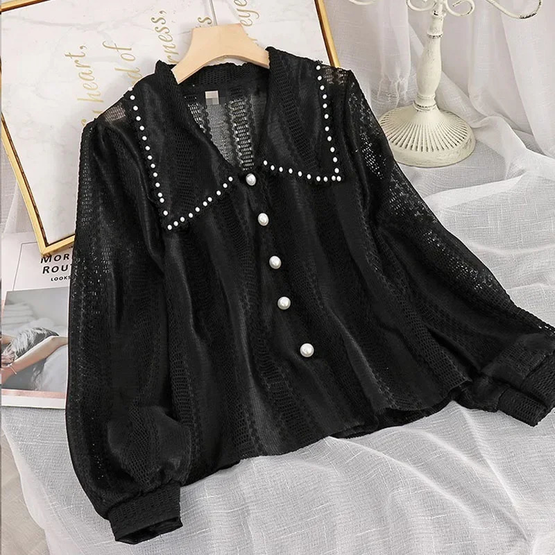Spring Elegant Lace Women Shirt Hollow Out Peter Pan Collar Tops Fashion Office Ladies Long Sleeves Solid Blouses 250320