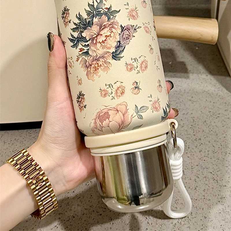 316 Stainless Steel Thermos Water Bottle Vintage Floral Coffee Cup with Lid Girl Elegant Rose Portable Thermos Cup Drinkware X250321