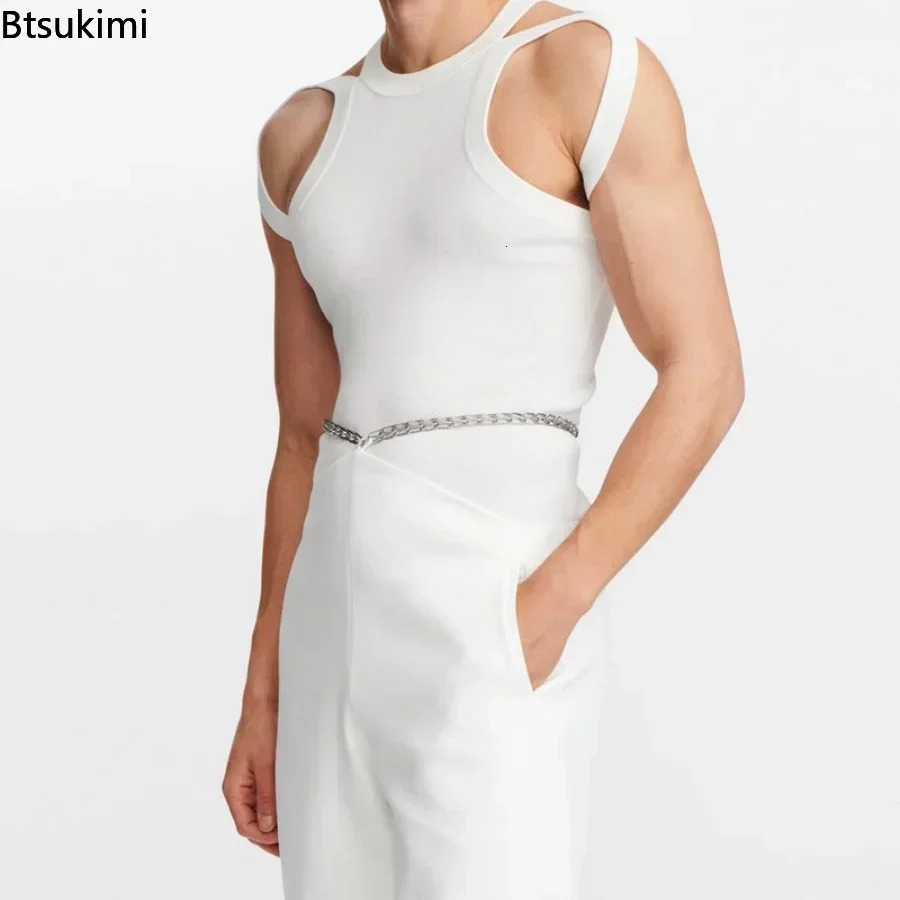 mens summer sleeveless solid vest streetwear O-neck hollow knit vest 250318