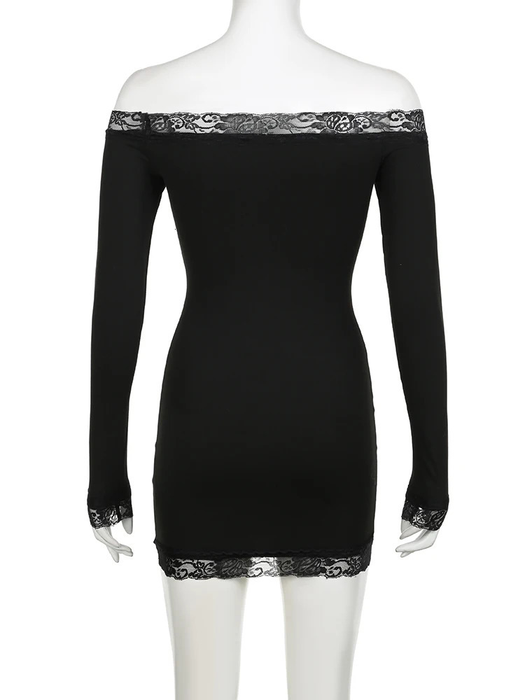 Rockmore Womens Lace Shoulder Tight Dress Elegant Long Sleeve Mini Suitable for Party Club Dating SpringSummer Clothing 250320