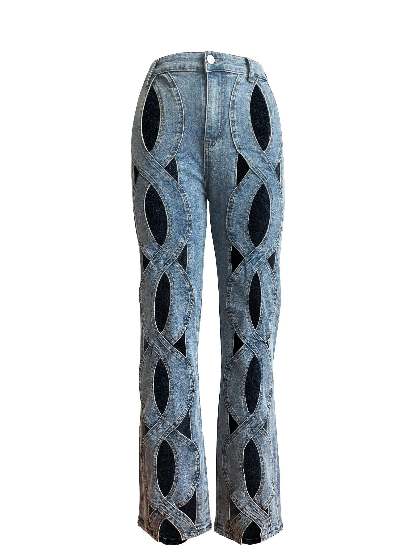 Hollow denim elastic pants sexy womens high waisted elegant streetwear denim casual straight pants 250320
