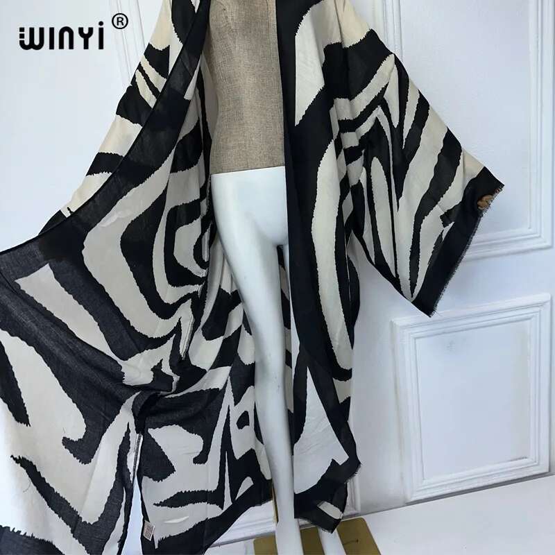 WINYI Kimono Zebra Print Cardigan Abaya Dubai Elegant Beach Outfits Long Coat Women Sexy Cotton Feeg Dress Kaftan