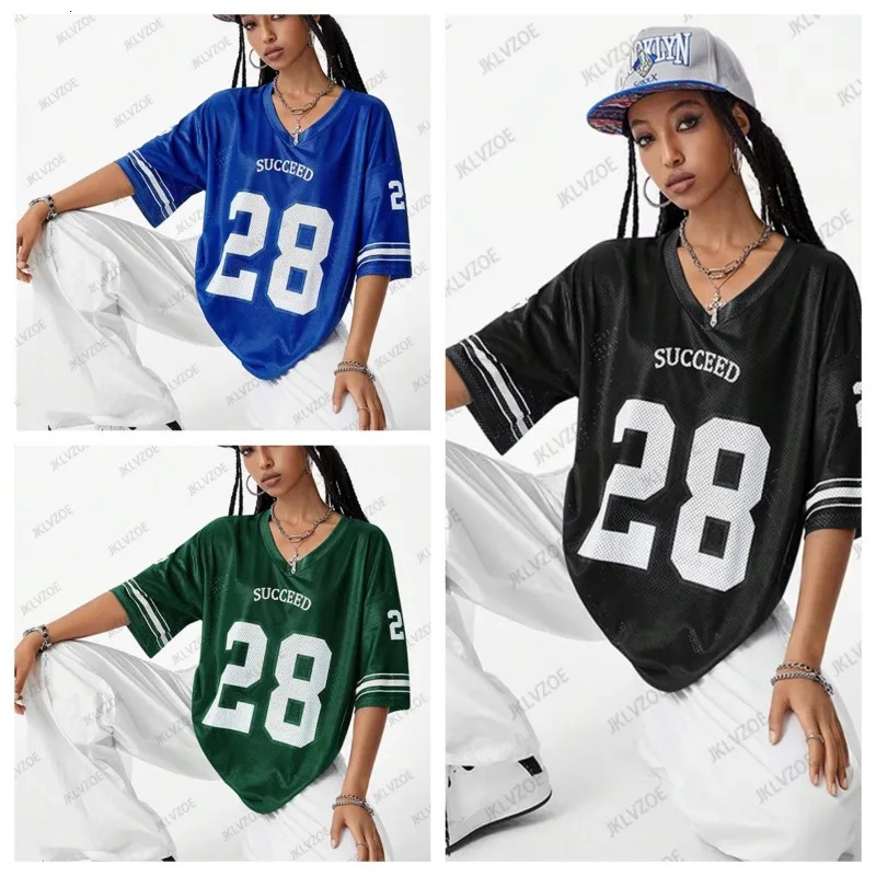 2025 Black 28 Size Printed Tshirt Womens Vneck Short Sleeve Sports Football Suit Y2K Loose Large Comfortable Top 250311