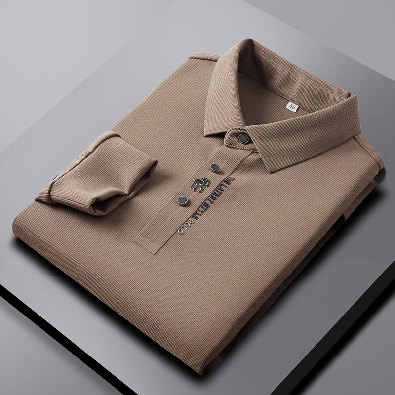 High-grade Ice Silk Polo Shirt Long Sleeve Skin-friendly Printing T-shirt Autumn Fashion Simple Business Handsome Tees Tops 250320