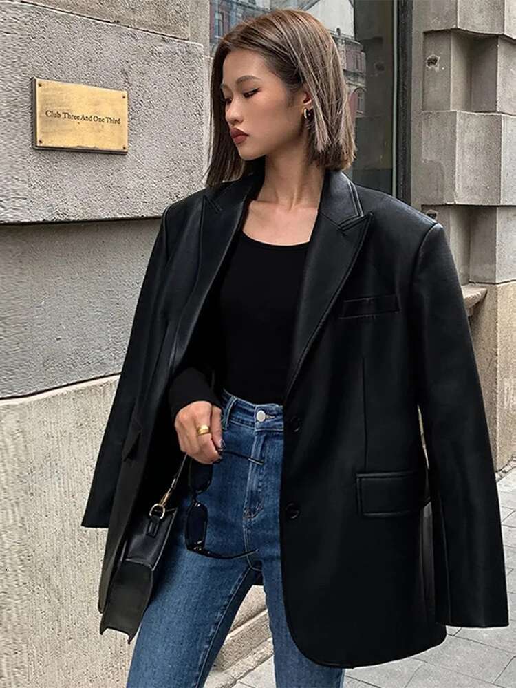 Vintage Women PU Leather Jacket Casual Single-Breasted Long Sleeve Loose Female Coat With Pocket Autumn Chic Ladies Streetwear