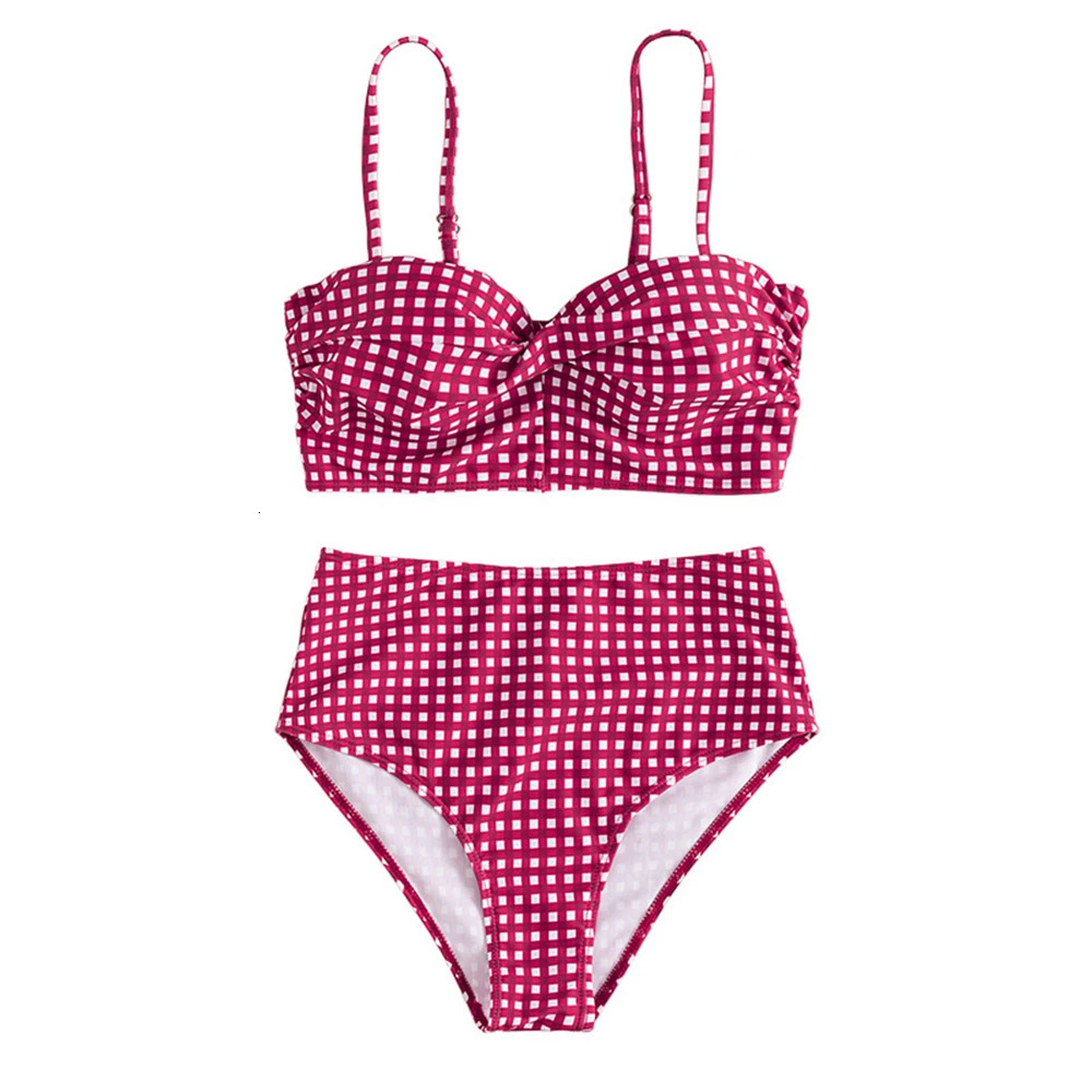 Womens sexy slim plain twopiece swimsuit high waisted bikini 2024 set size S3XL rose redblackbluesky blue 250320