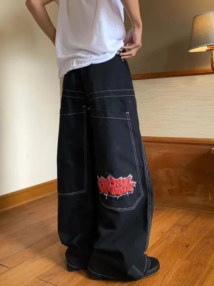 HOUZHOU Y2k Oversized Black Women Jeans Vintage Wide Leg Embroidery Denim Trousers Grunge Hip Hop Style Streetwear Baggy Jeans 250320