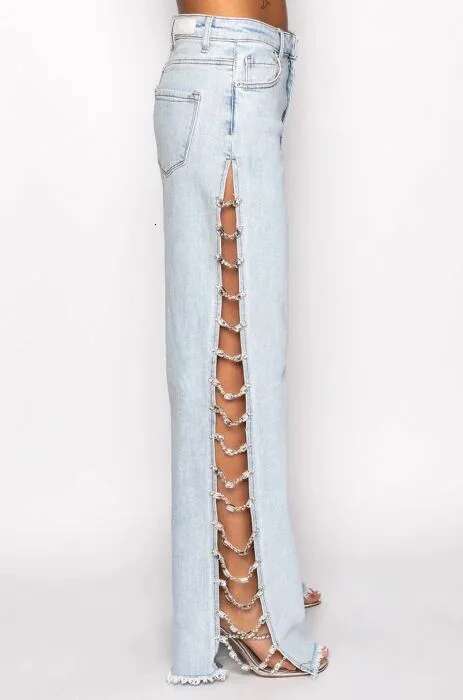 Designer Jeans Summer Fashion High Waist Sexy Slit Thin Side Slit Pants Women's Denim Long Cut With Diamond Chain Straight Wide Leg Women's 